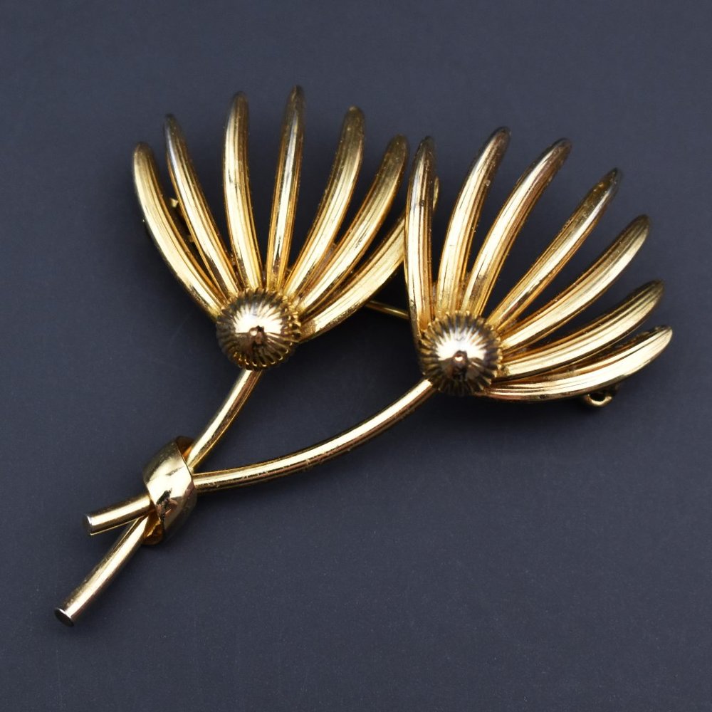 Palm branch brooch gold tone, large floral vintage brooch pin for women